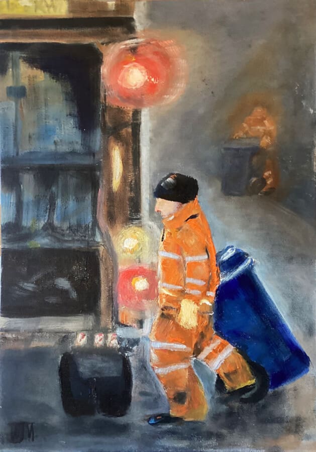 Blue Bin Day - oil on canvas by Wendy Medlam from her HIGH VIZ collection