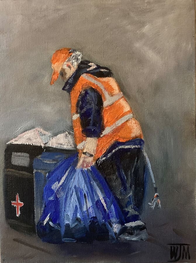 One Man’s Rubbish - oil on canvas by Wendy Medlam from her HIGH VIZ collection