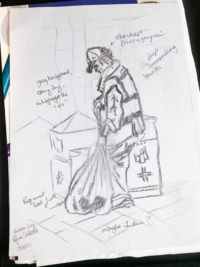 A preliminary sketch for One Man’s Rubbish by Wendy Medlam