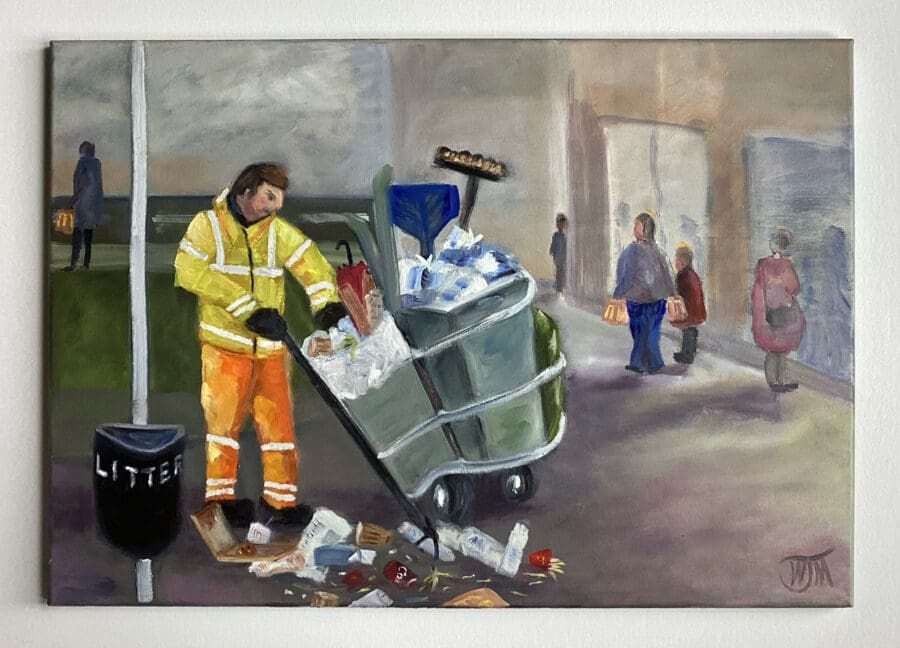 There should be a bin around here! - oil on canvas by Wendy Medlam from her HIGH VIZ collection