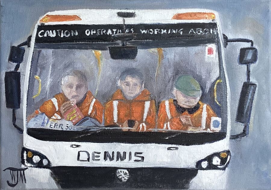 Elevenses - oil on canvas by Wendy Medlam from her HIGH VIZ collection