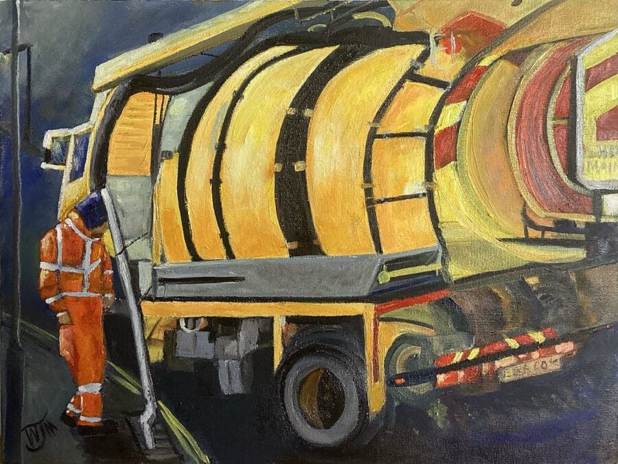 Vacuum Tanking - oil on board by Wendy Medlam from her HIGH VIZ collection