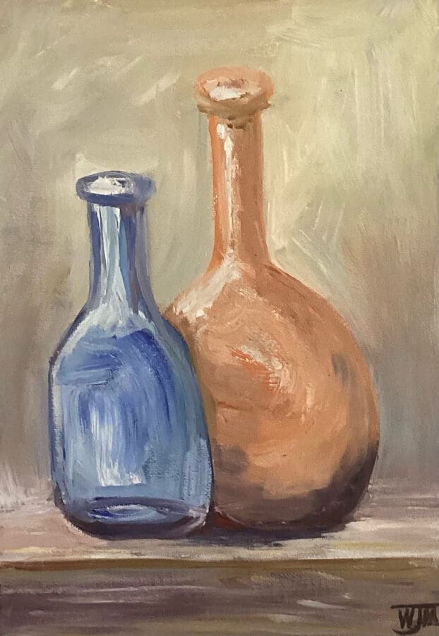 BOTTLES - still life oil on canvas by East Yorkshire artist Wendy Medlam