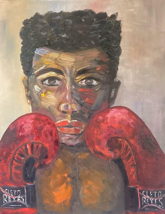 Gloves Up! - portrait oil on canvas by East Yorkshire artist Wendy Medlam