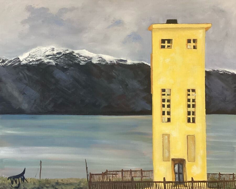 Husavik Lighthouse (Iceland) - landscape in oil on board by East Yorkshire artist Wendy Medlam