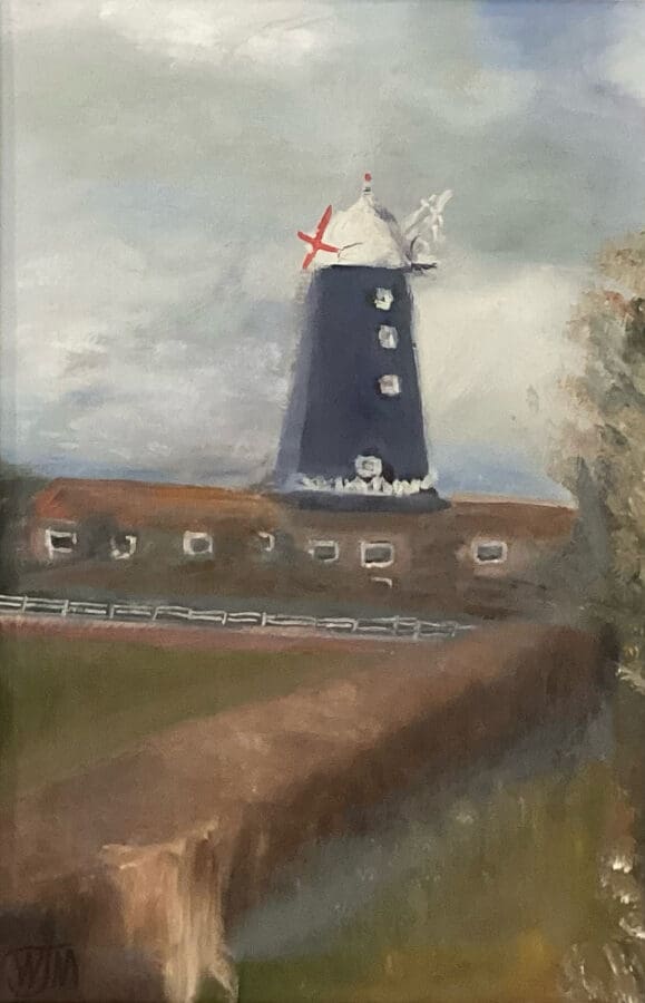 Skidby Mill Awaiting Sails - framed landscape in oil on card by East Yorkshire artist Wendy Medlam