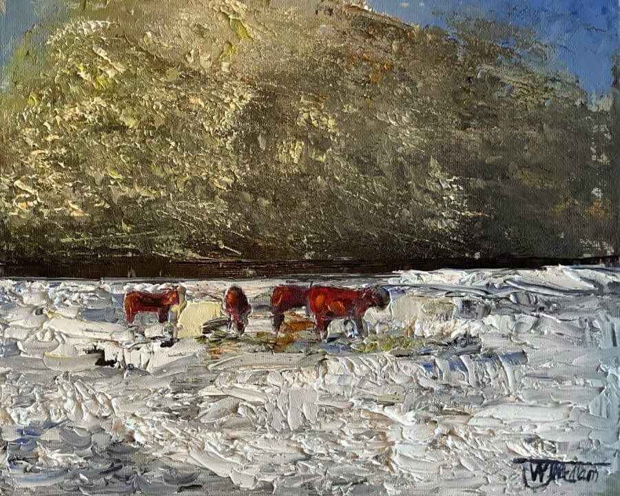 Clumber cows in snow - landscape in oil on board by East Yorkshire artist Wendy Medlam