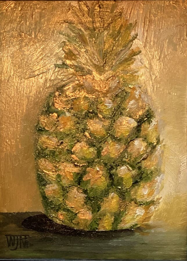 Golden pineapple - still life mixed media on board by East Yorkshire artist Wendy Medlam