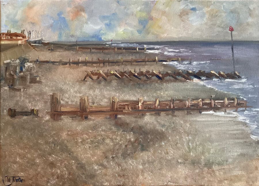 Hornsea Groynes - Marine painting oil on canvas by East Yorkshire Wendy Medlam