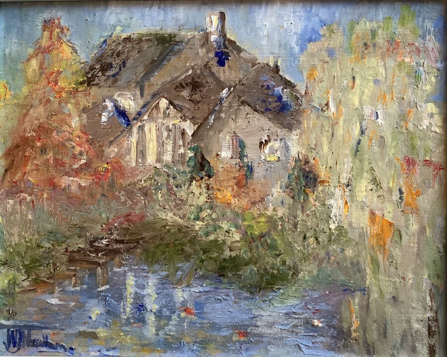House over the wall - landscape in oil on board by East Yorkshire artist Wendy Medlam