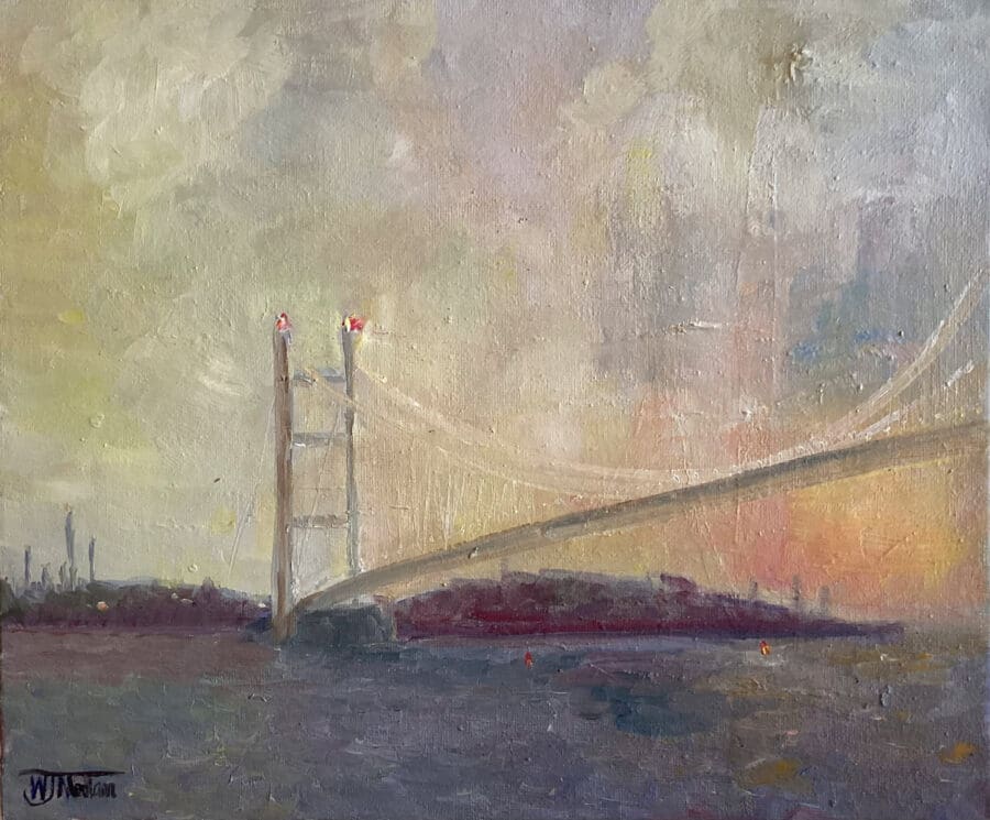 Humber Bridge sunset - Marine painting oil on board by East Yorkshire Wendy Medlam