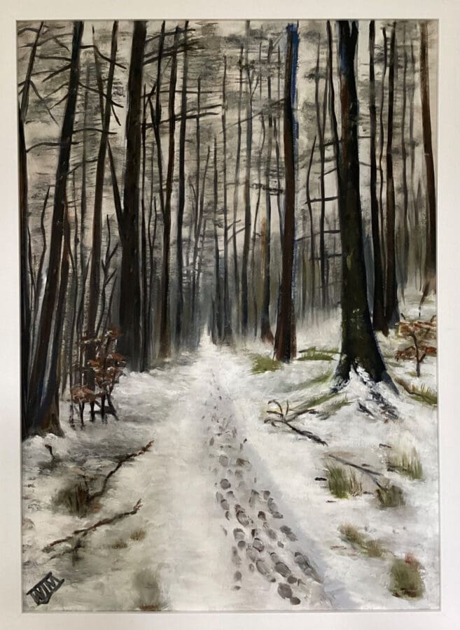 Lady Bower Woods in snow - landscape in oil on board by East Yorkshire artist Wendy Medlam
