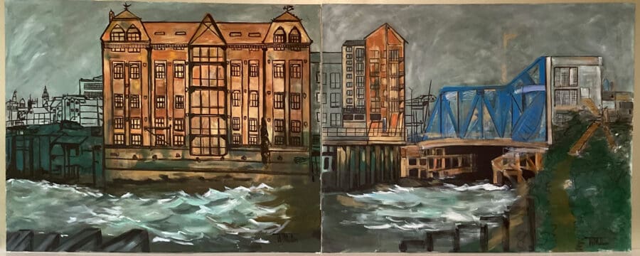 A pendant of two marine works painted mixed media on canvas by East Yorkshire Wendy Medlam