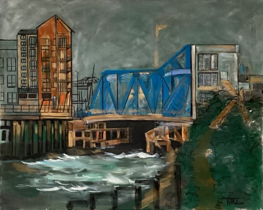 Open sluice gates at North Bridge - Marine painting mixed media on canvas by East Yorkshire Wendy Medlam