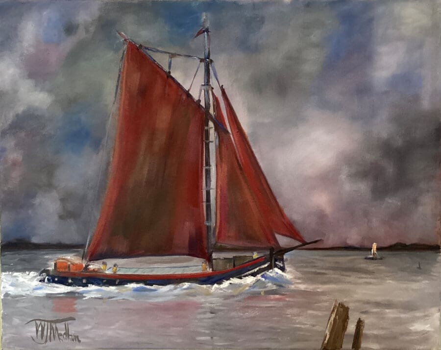 Sloop ahead of the storm - Marine painting oil on canvas by East Yorkshire Wendy Medlam