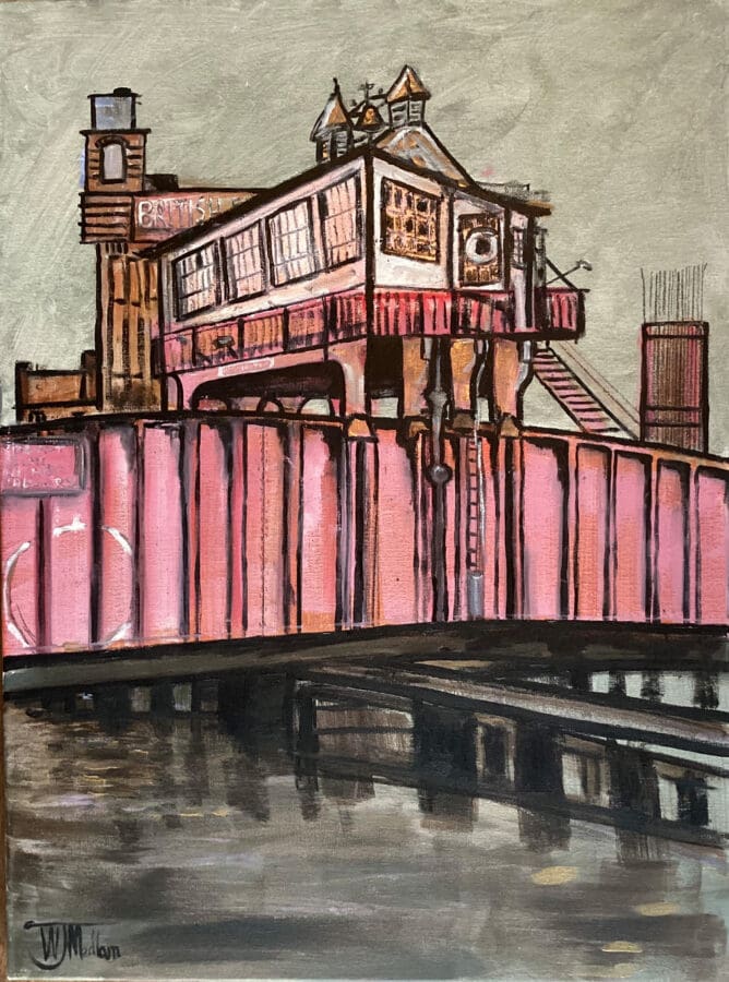 Wilmington Swing railway bridge - Marine painting oil on canvas by East Yorkshire Wendy Medlam