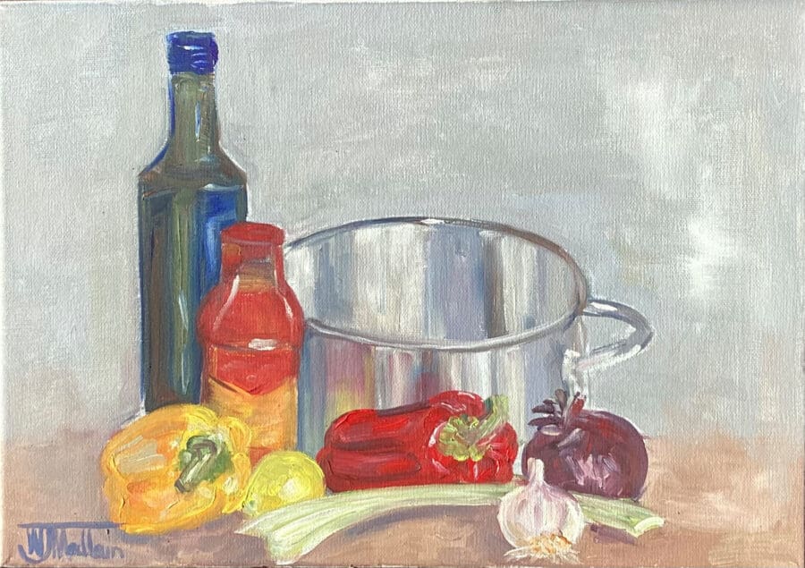 Minestrone – still life oil on canvas by East Yorkshire artist Wendy Medlam