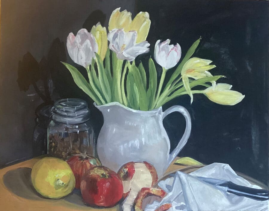 Tulips with apples – still life oil on canvas by East Yorkshire artist Wendy Medlam