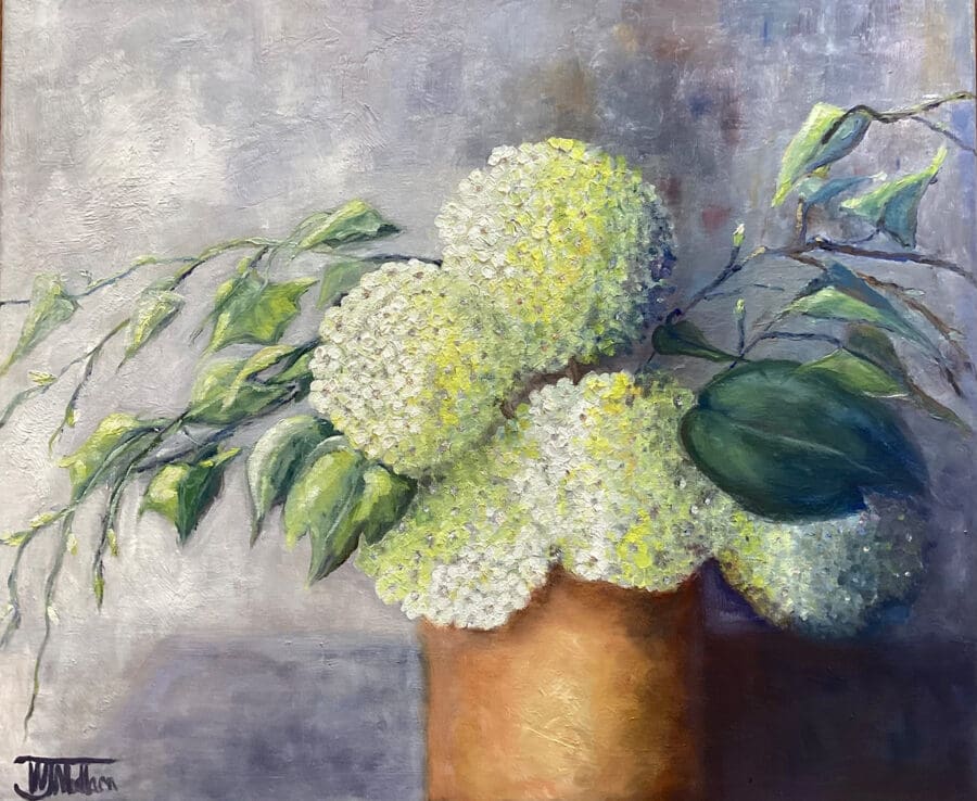 Pot of Hydrangeas – still life oil on canvas by East Yorkshire artist Wendy Medlam
