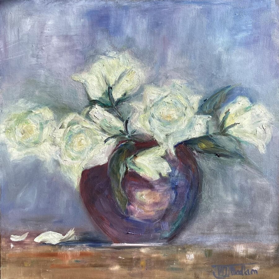 White roses – Still life oil on canvas by East Yorkshire artist Wendy Medlam