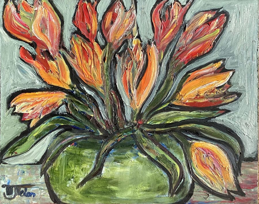 Crazy tulips – Still life oil on board by East Yorkshire artist Wendy Medlam