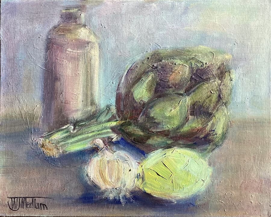 Artichoke – still life oil on board by East Yorkshire artist Wendy Medlam