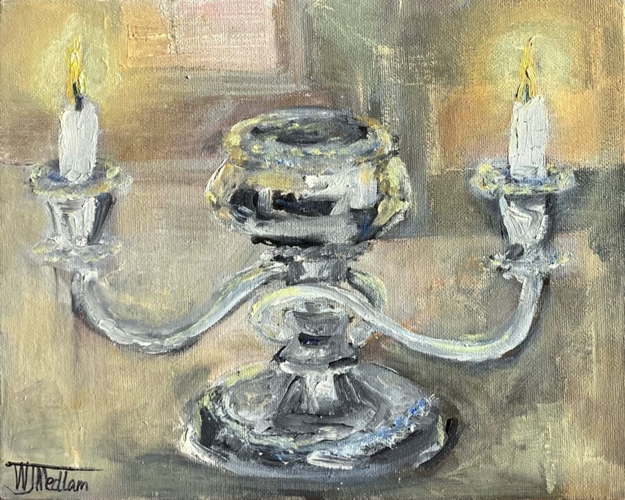 The candelabra – still life oil on board by East Yorkshire artist Wendy Medlam