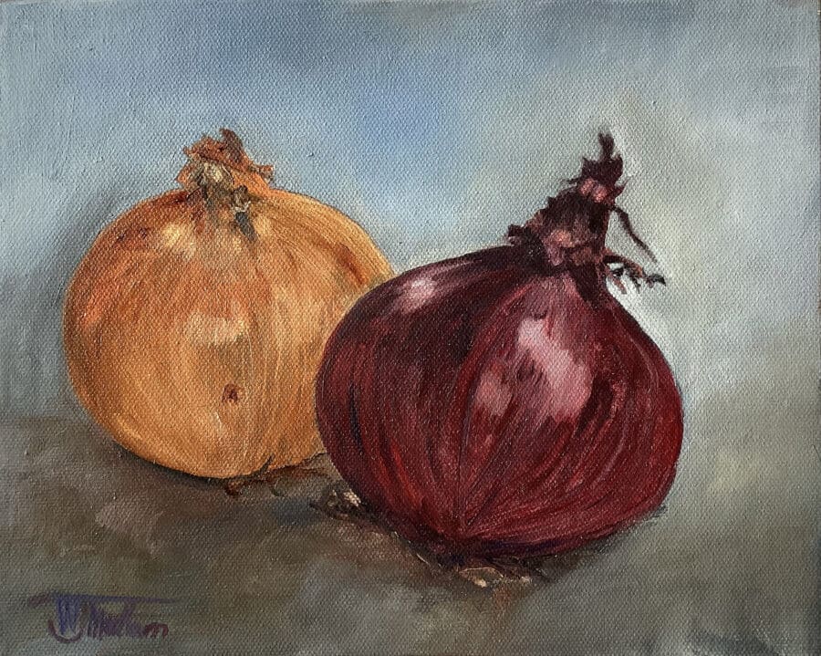 Onions – still life study in oil on board by East Yorkshire artist Wendy Medlam