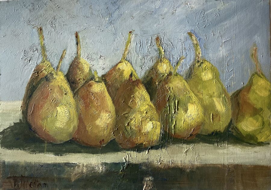 Pearfect! – still life study in oil on board by East Yorkshire artist Wendy Medlam