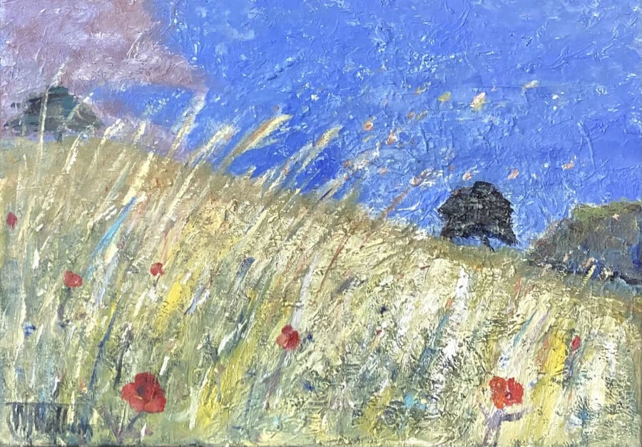 Fridaythorpe Storm Brewing – landscape in oil on board canvas by East Yorkshire artist Wendy Medlam