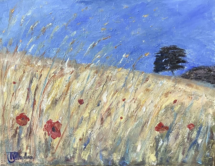 Fridaythorpe Summer – landscape in oil on board by East Yorkshire artist Wendy Medlam