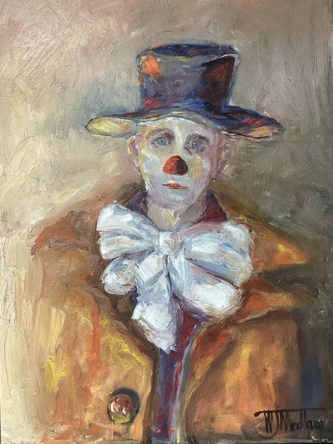 Kaleido – clown portrait in oil on canvas by East Yorkshire artist Wendy Medlam