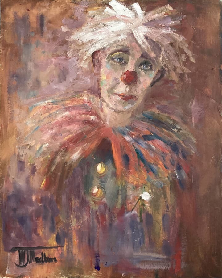 Snowdrop – clown study in oil on board by East Yorkshire artist Wendy Medlam