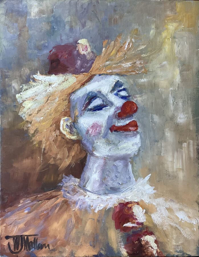 Smug – clown portrait in oil on board by East Yorkshire artist Wendy Medlam