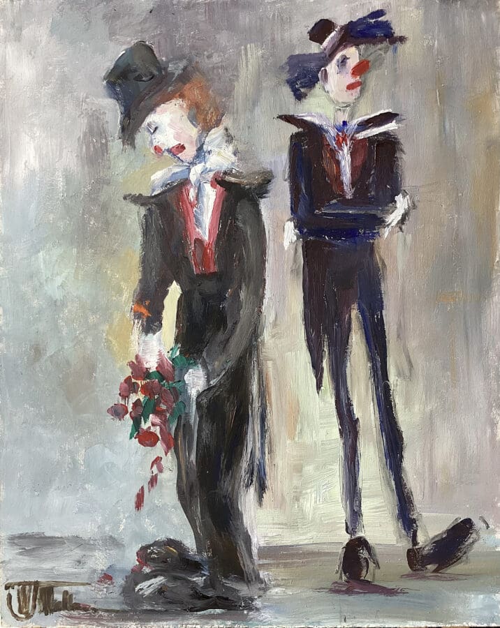 For Shame! – clown study in oil on board by East Yorkshire artist Wendy Medlam