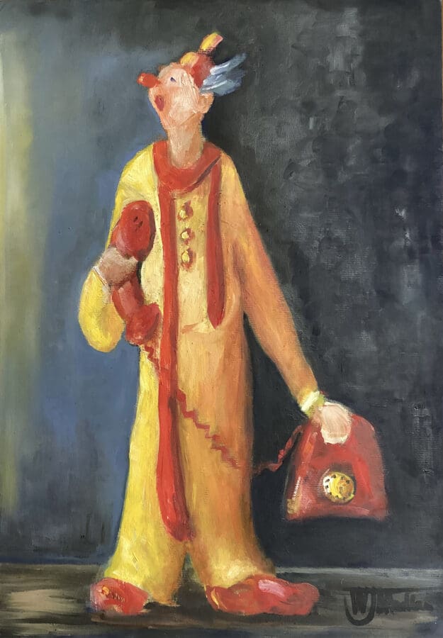 It’s For You – clown portrait in oil on board by East Yorkshire artist Wendy Medlam