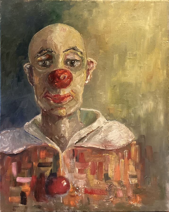 What lies beneath – clown portrait in oil on canvas by East Yorkshire artist Wendy Medlam