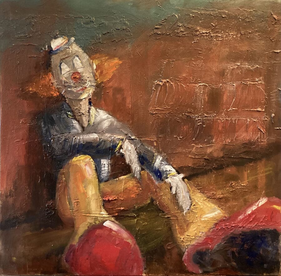 ‘Knackered’ – clown portrait in oil on board by East Yorkshire artist Wendy Medlam