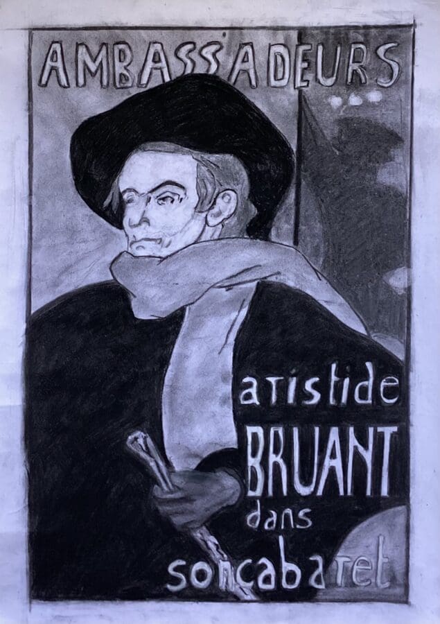Ambassadeurs - Aristide Bruant 1882 - charcoal on paper after Toulouse Lautrec by East Yorkshire artist Wendy Medlam