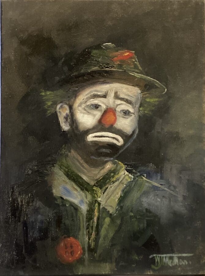 Reflecting – clown portrait in oil on canvas by East Yorkshire artist Wendy Medlam